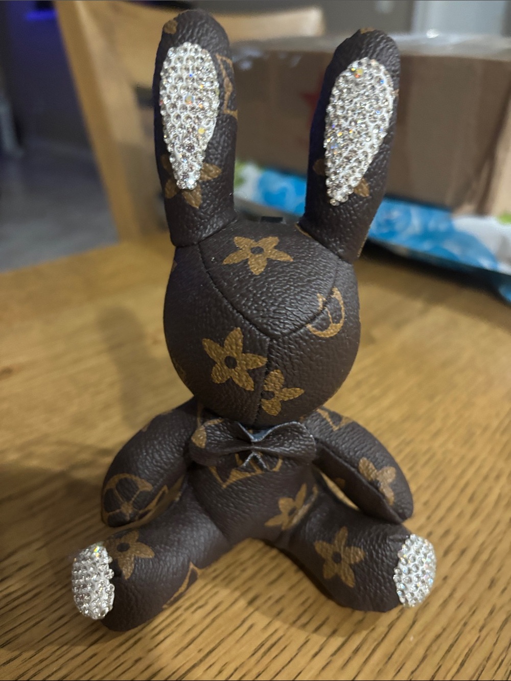 Brown Floral Bunny Keychain with Crystal Accents
